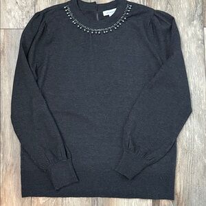Liz Claiborne Charcoal Gray Embellished Crew Neck Sweater